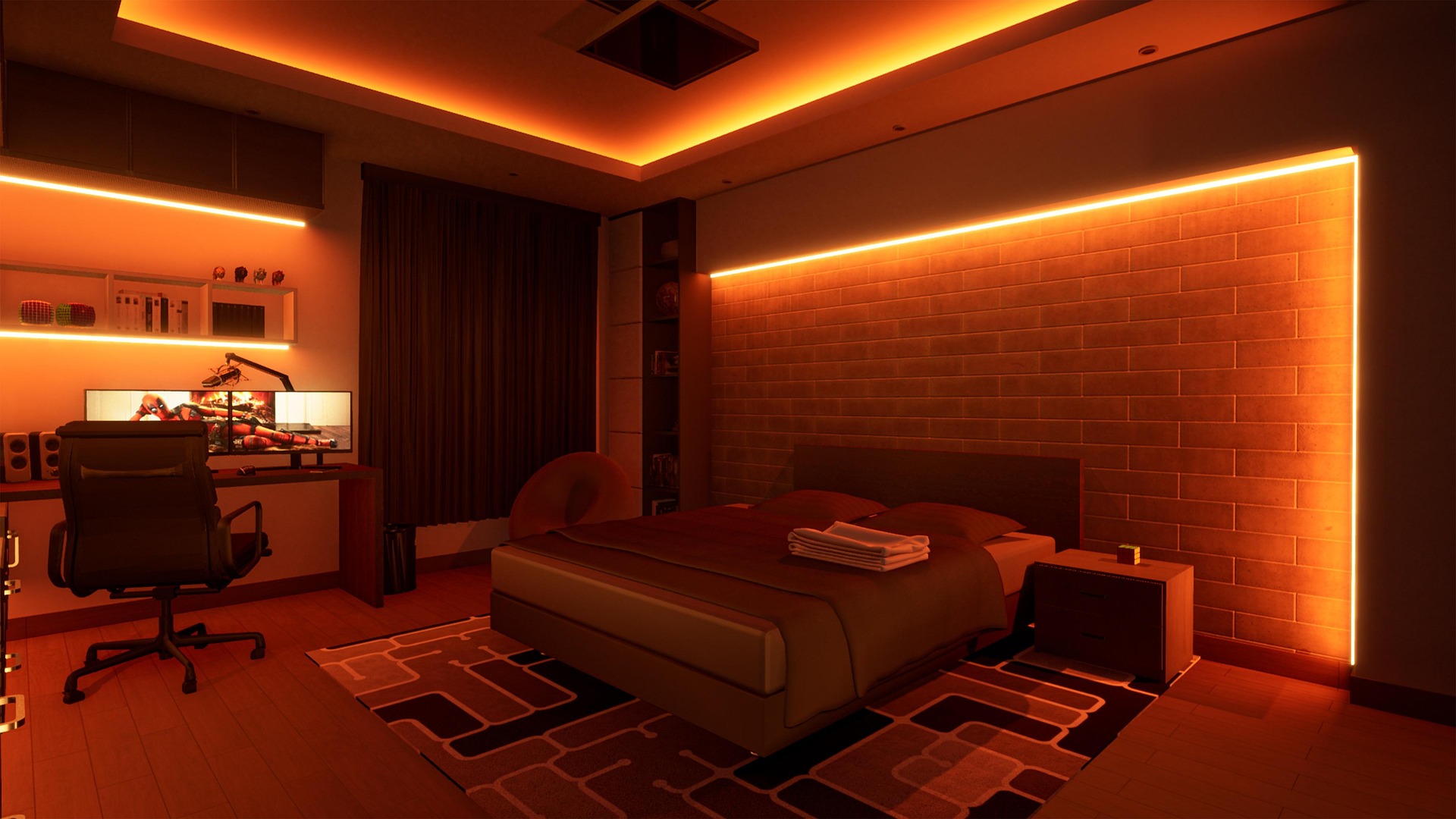 Cozy bedroom interior with neon lighting